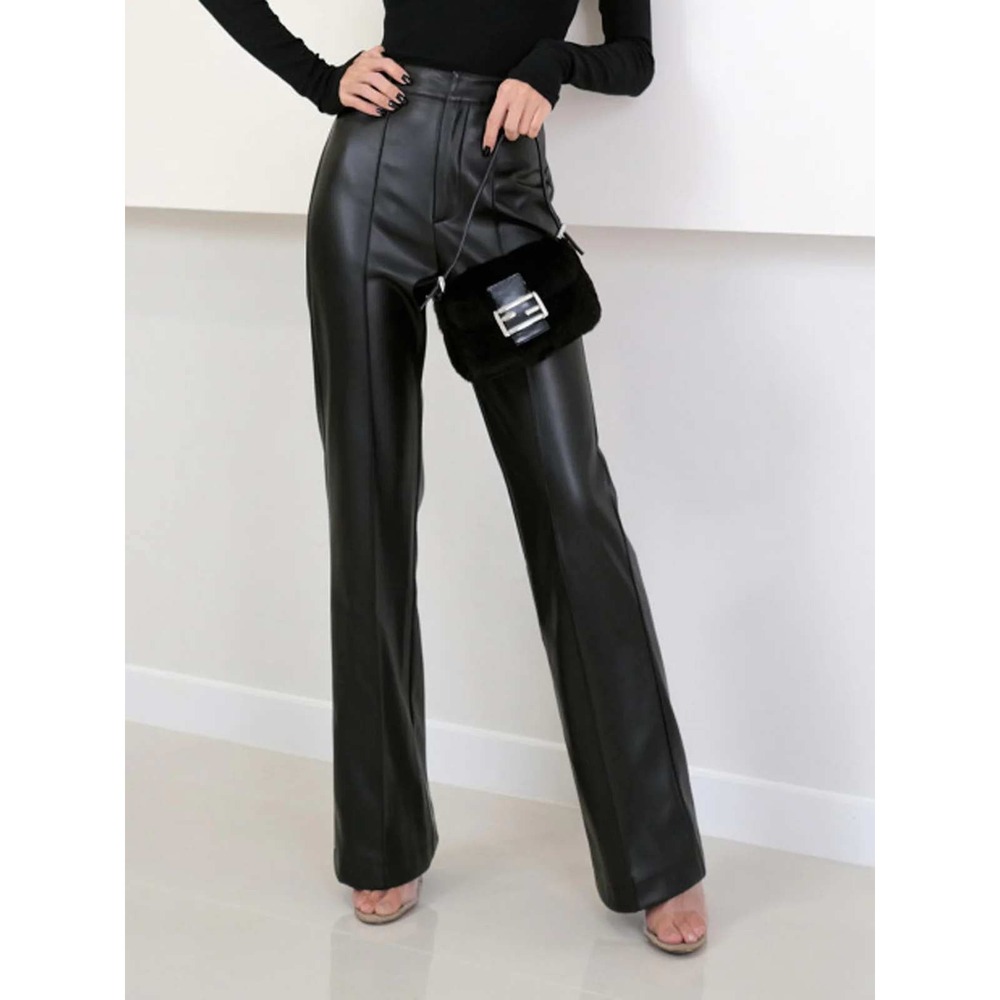 Commense Womens Black Faux Leather Wide Leg Pants High Waisted Tailored Fit M‎